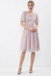 Desenli Kolu Tüllü Elbise - 8