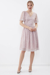 Desenli Kolu Tüllü Elbise - 11