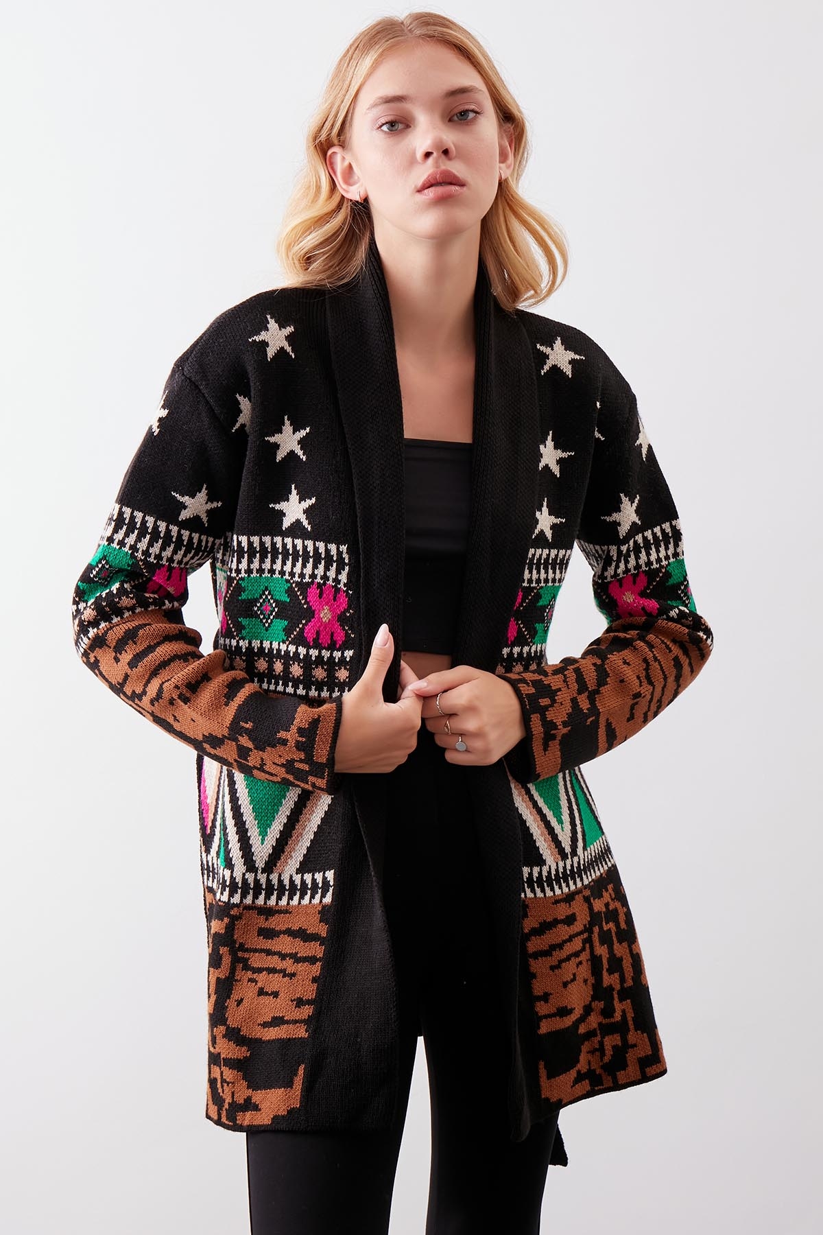 Desenli Kuşaklı Uzun Triko Hırka - Thumbnail