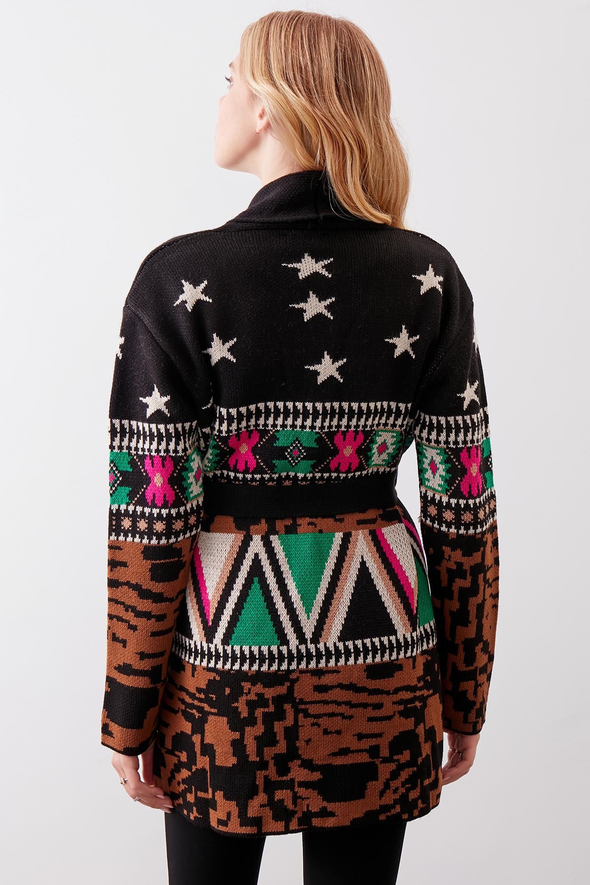 Desenli Kuşaklı Uzun Triko Hırka - Thumbnail