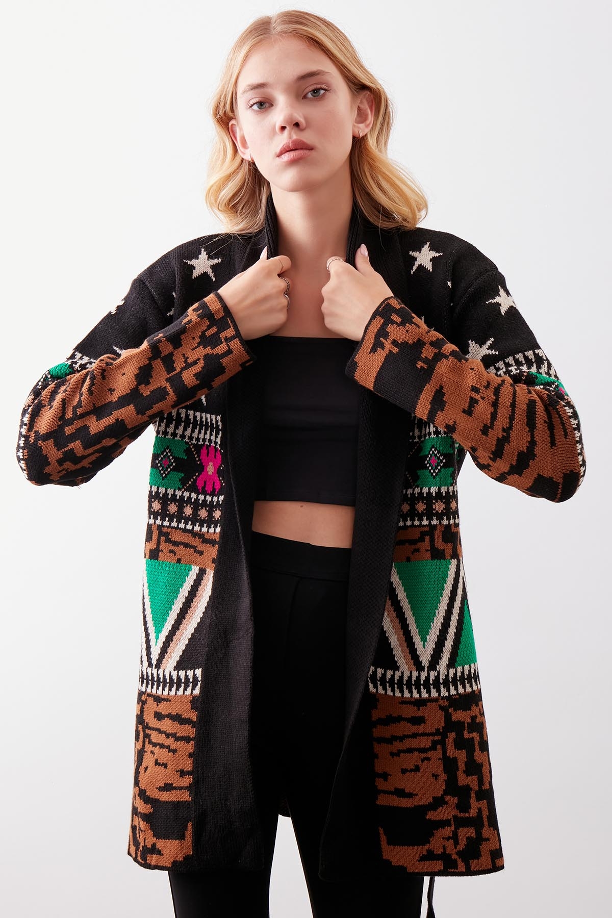 Desenli Kuşaklı Uzun Triko Hırka - Thumbnail