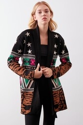 Desenli Kuşaklı Uzun Triko Hırka - Thumbnail