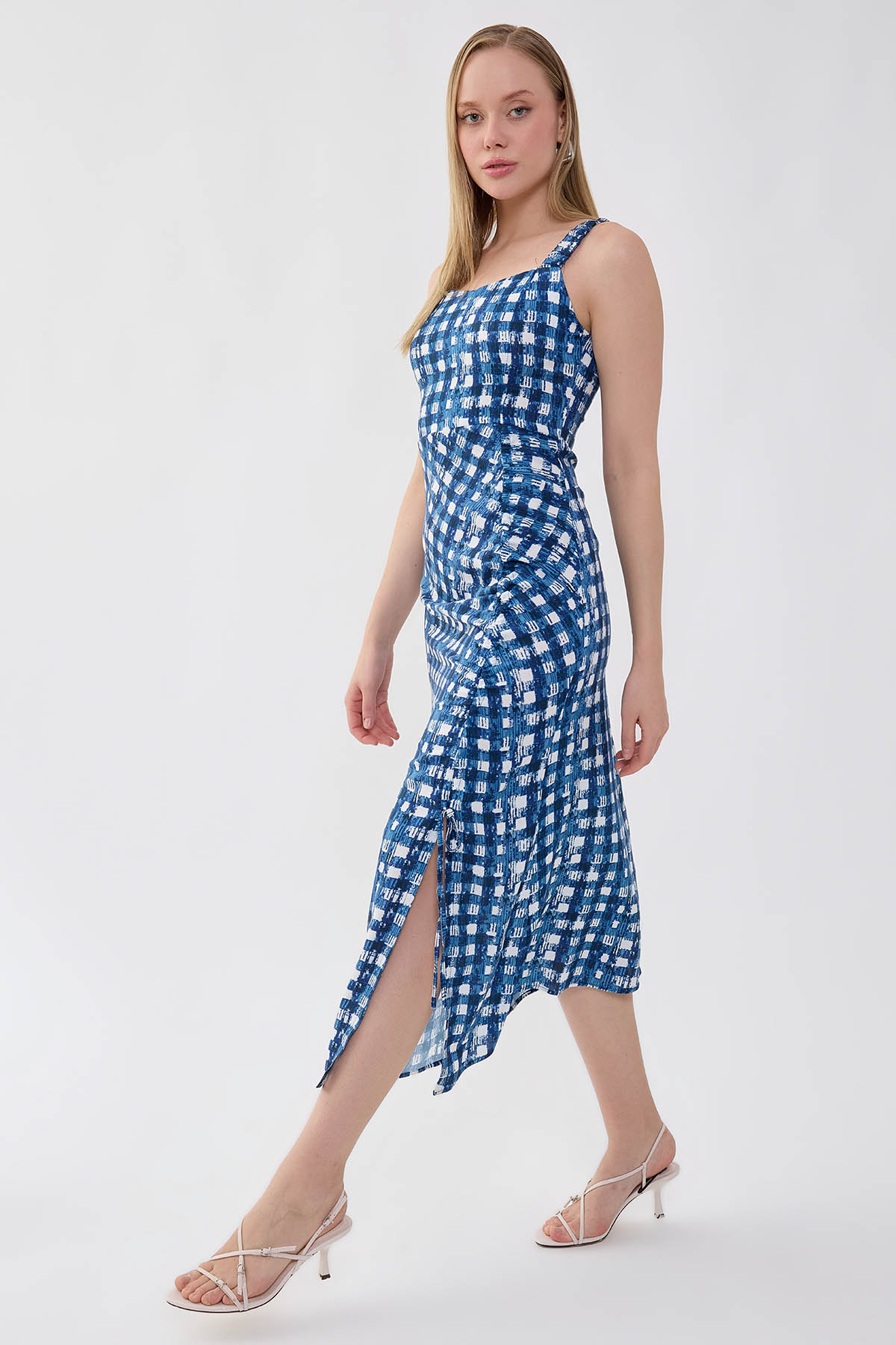 Desenli Önü Büzgülü Elbise - Thumbnail