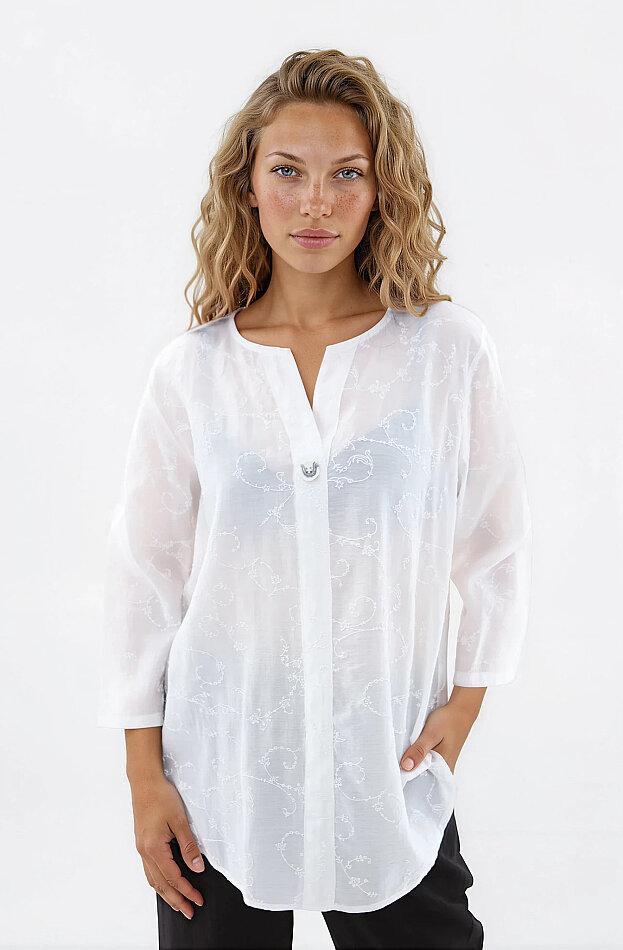 Desenli Önü Düğmeli Bluz - 1