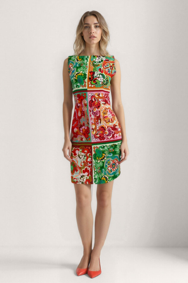 Desenli Sıfır Kol Elbise - 1