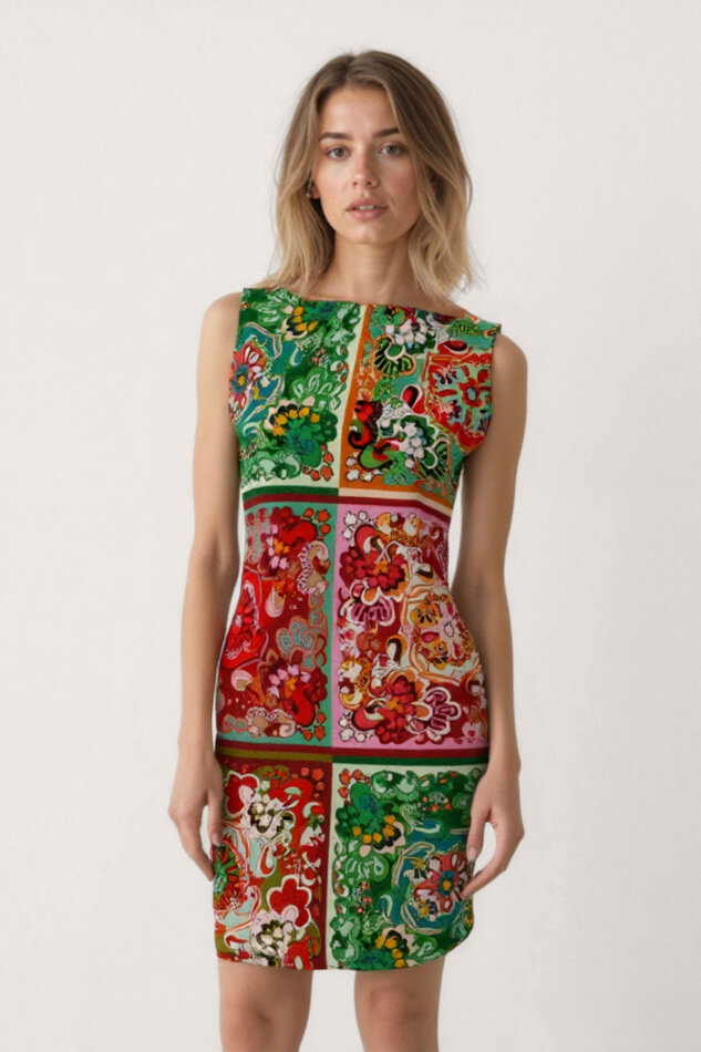 Desenli Sıfır Kol Elbise - 2