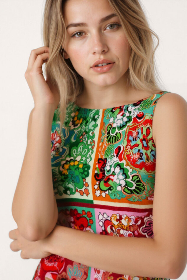 Desenli Sıfır Kol Elbise - 6