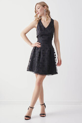 Desenli V Yaka Elbise - 15