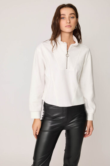 Dik Yaka Fermuarlı Örme Sweatshirt Ekru