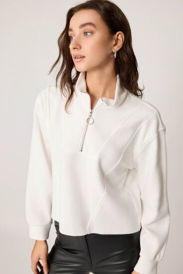 Dik Yaka Fermuarlı Örme Sweatshirt - 3