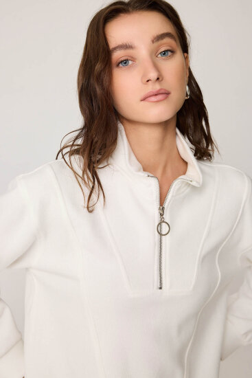Dik Yaka Fermuarlı Örme Sweatshirt - 4