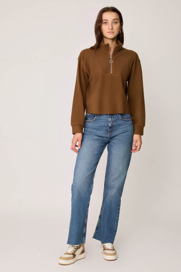 Dik Yaka Fermuarlı Örme Sweatshirt S.Kahve