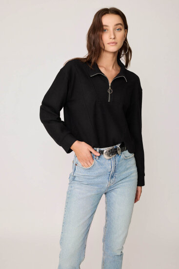 Dik Yaka Fermuarlı Örme Sweatshirt Siyah