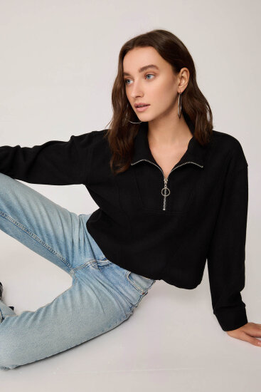 Dik Yaka Fermuarlı Örme Sweatshirt - 12