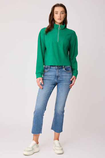 Dik Yaka Fermuarlı Örme Sweatshirt Yeşil