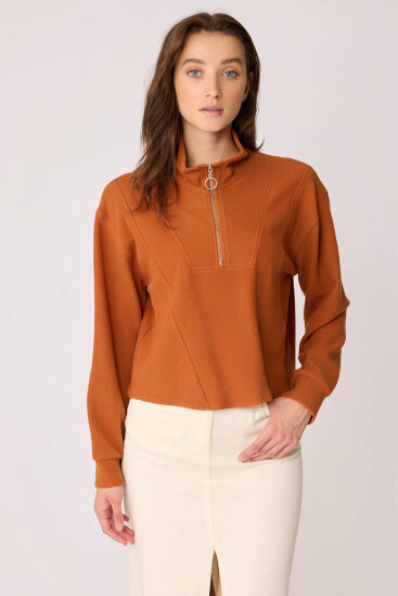 Dik Yaka Fermuarlı Örme Sweatshirt Kiremit