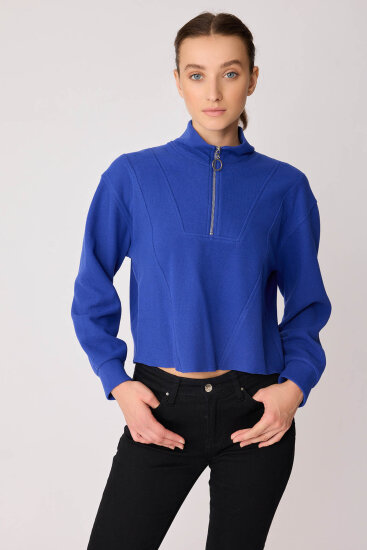 Dik Yaka Fermuarlı Örme Sweatshirt Saks