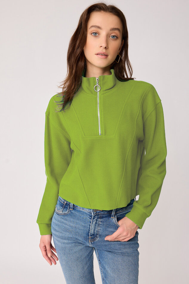 Dik Yaka Fermuarlı Örme Sweatshirt - 42