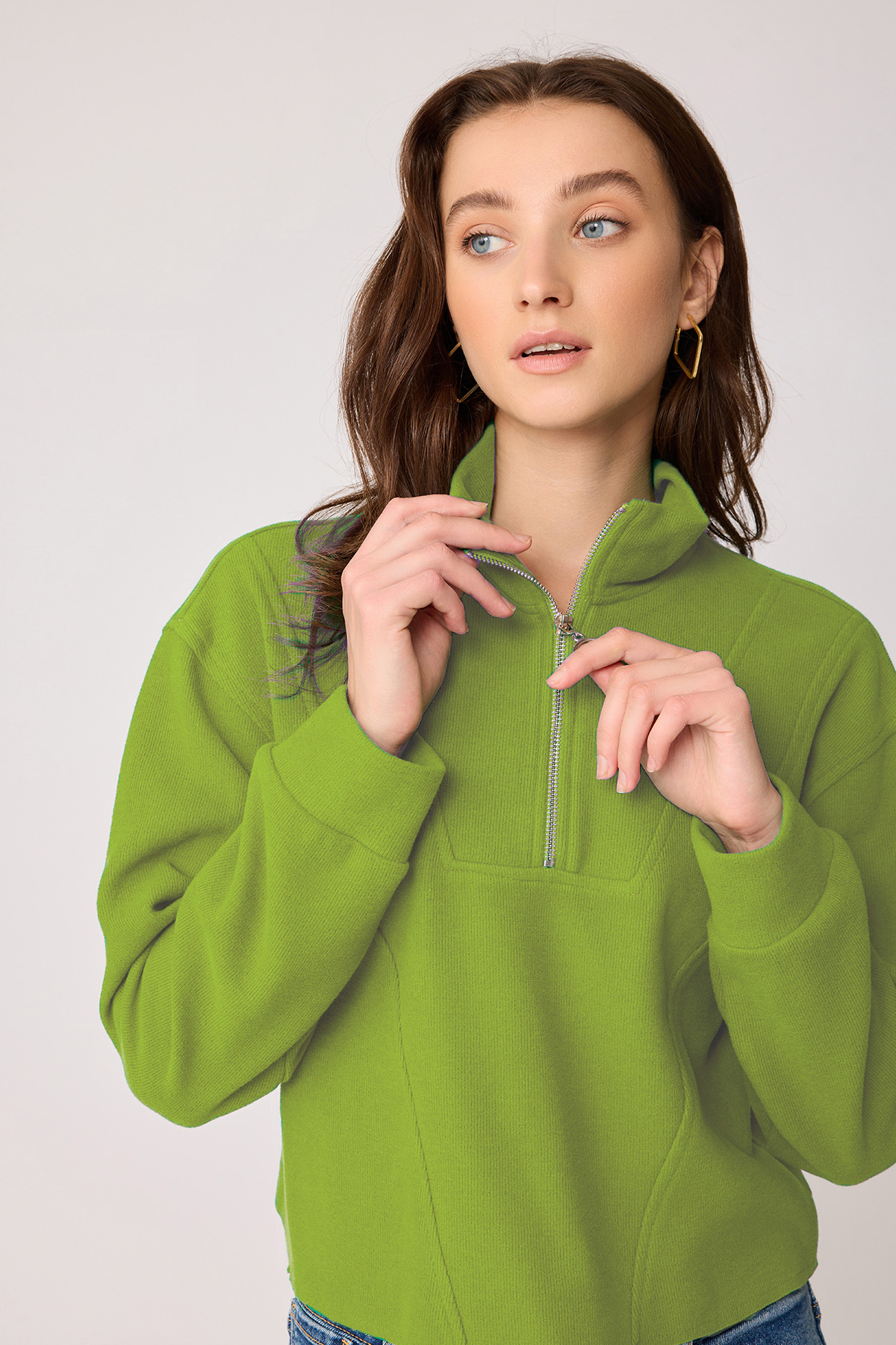 Dik Yaka Fermuarlı Örme Sweatshirt - Thumbnail