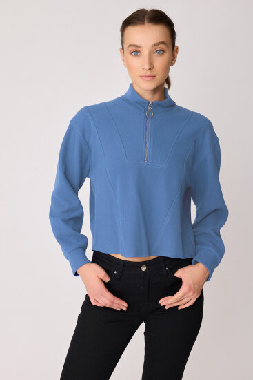 Dik Yaka Fermuarlı Örme Sweatshirt - 46