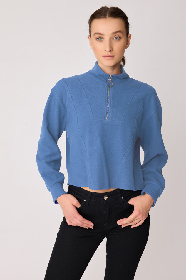 Dik Yaka Fermuarlı Örme Sweatshirt - 46