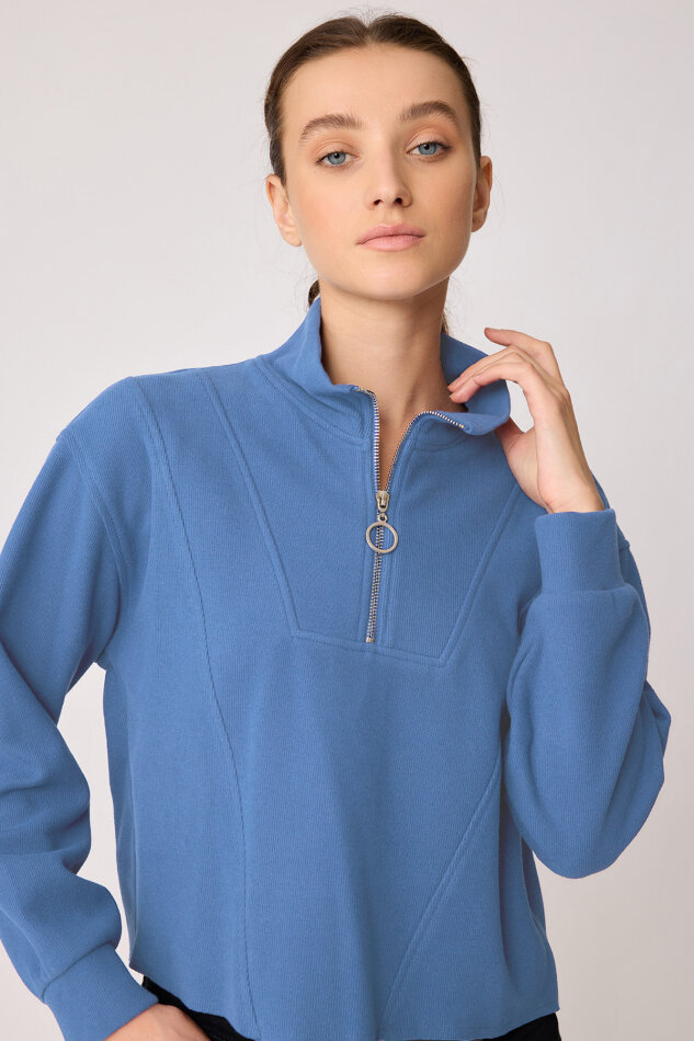 Dik Yaka Fermuarlı Örme Sweatshirt - 49