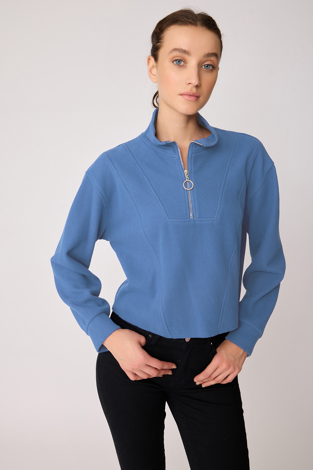 Dik Yaka Fermuarlı Örme Sweatshirt - Thumbnail