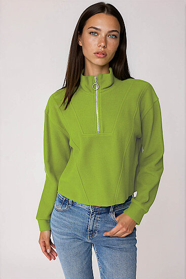 Dik Yaka Fermuarlı Örme Sweatshirt Yağ Yeşili