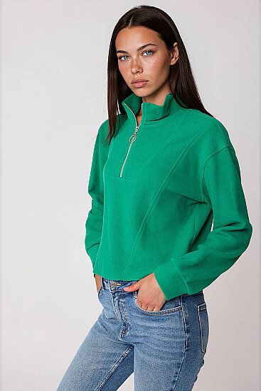 Dik Yaka Fermuarlı Örme Sweatshirt - 2