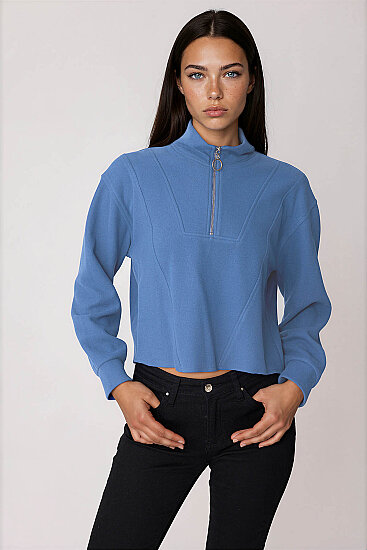 Dik Yaka Fermuarlı Örme Sweatshirt İndigo