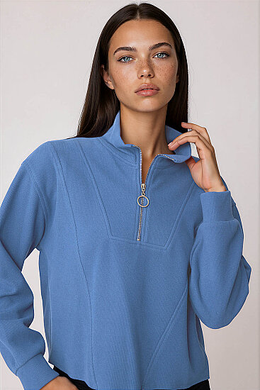Dik Yaka Fermuarlı Örme Sweatshirt - 44