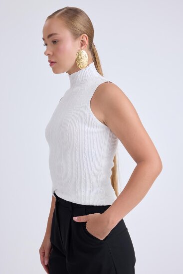 Dik Yaka Örgü Desen Sıfır Kol Triko Bluz - 3