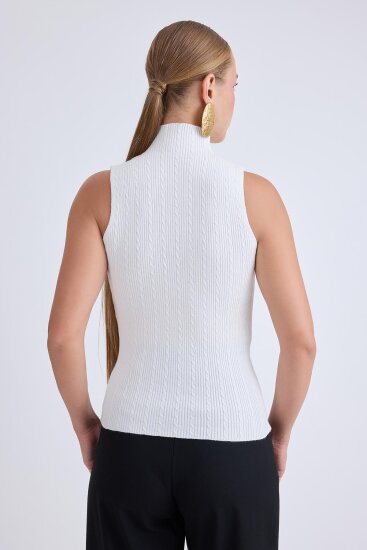 Dik Yaka Örgü Desen Sıfır Kol Triko Bluz - 5