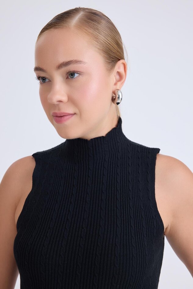 Dik Yaka Örgü Desen Sıfır Kol Triko Bluz - 8