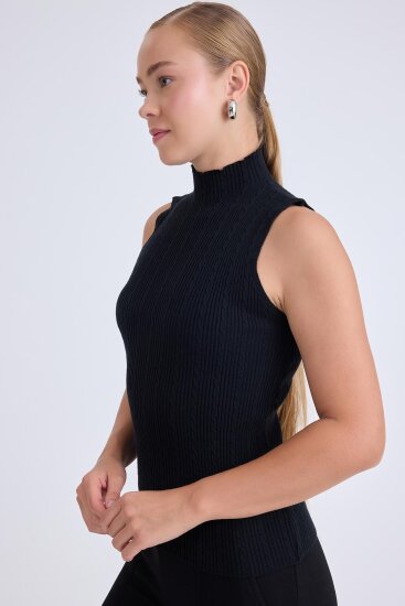 Dik Yaka Örgü Desen Sıfır Kol Triko Bluz - 7