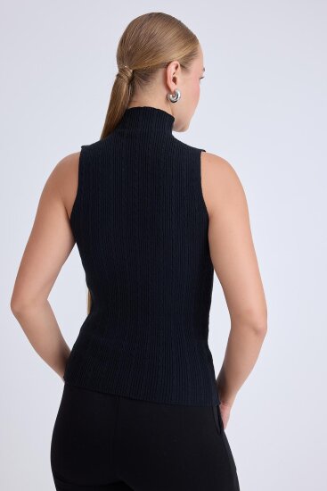 Dik Yaka Örgü Desen Sıfır Kol Triko Bluz - 9