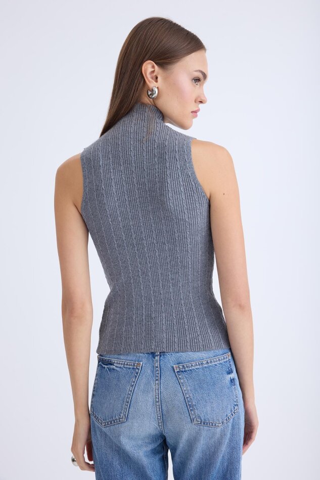 Dik Yaka Örgü Desen Sıfır Kol Triko Bluz - 15