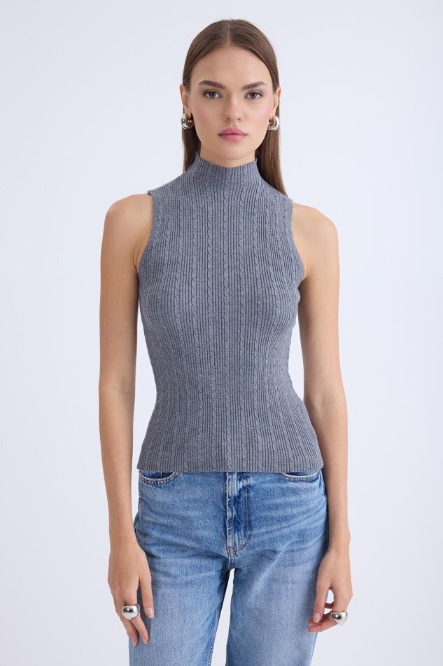 Dik Yaka Örgü Desen Sıfır Kol Triko Bluz - 14