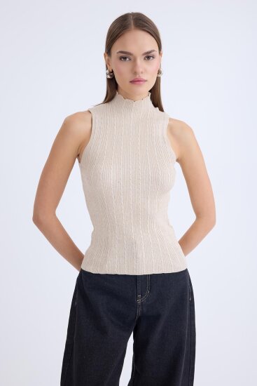 Dik Yaka Örgü Desen Sıfır Kol Triko Bluz - 16