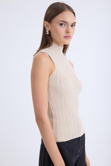 Dik Yaka Örgü Desen Sıfır Kol Triko Bluz - 18