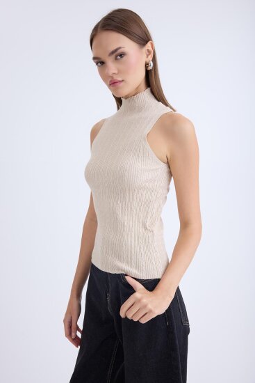 Dik Yaka Örgü Desen Sıfır Kol Triko Bluz - 20