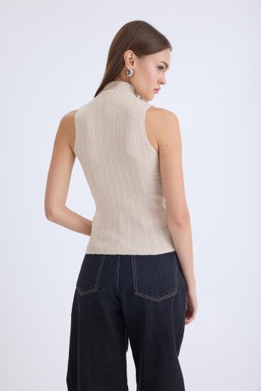 Dik Yaka Örgü Desen Sıfır Kol Triko Bluz - 21