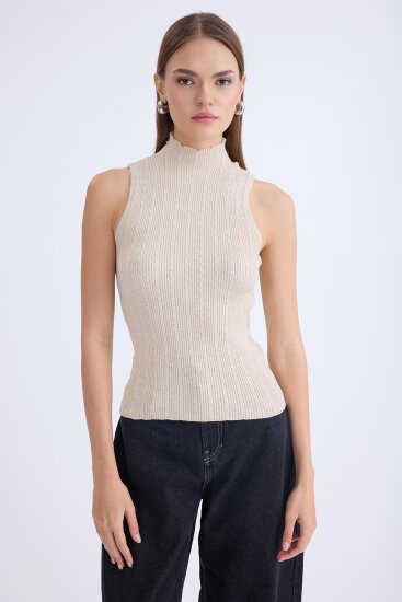 Dik Yaka Örgü Desen Sıfır Kol Triko Bluz - 19