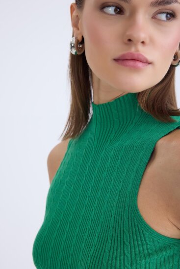 Dik Yaka Örgü Desen Sıfır Kol Triko Bluz - 23