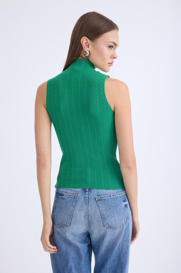 Dik Yaka Örgü Desen Sıfır Kol Triko Bluz - 26