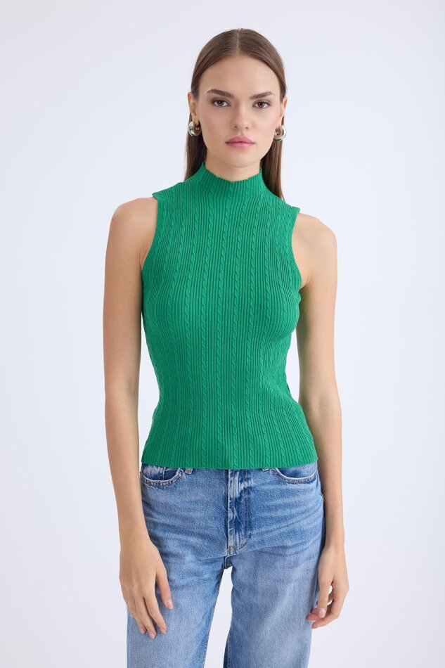 Dik Yaka Örgü Desen Sıfır Kol Triko Bluz - 22