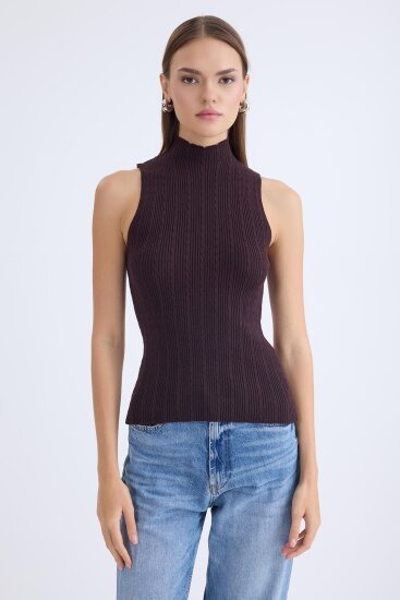 Dik Yaka Örgü Desen Sıfır Kol Triko Bluz - 27