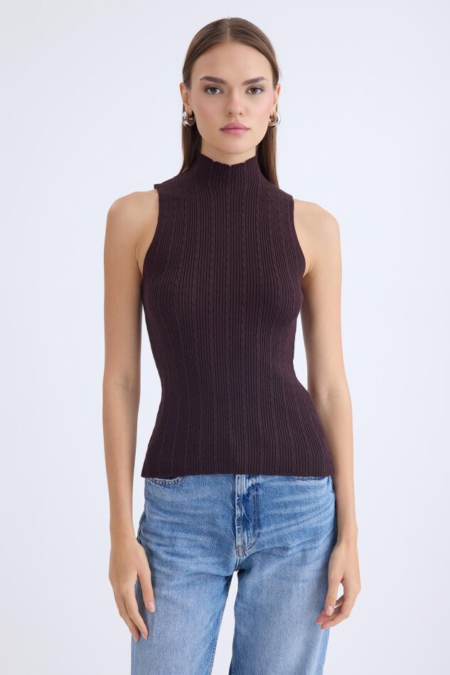 Dik Yaka Örgü Desen Sıfır Kol Triko Bluz - 27