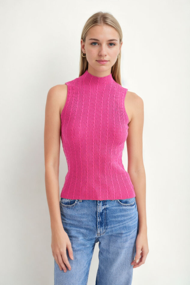 Dik Yaka Örgü Desen Sıfır Kol Triko Bluz - 34