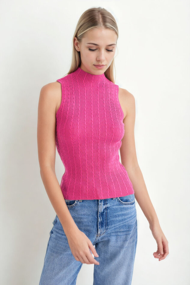 Dik Yaka Örgü Desen Sıfır Kol Triko Bluz - 33